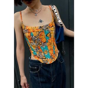 Miaou V Corset Bustier Top in Parisian Flower Orange Vogue LA Hollywood Luxury